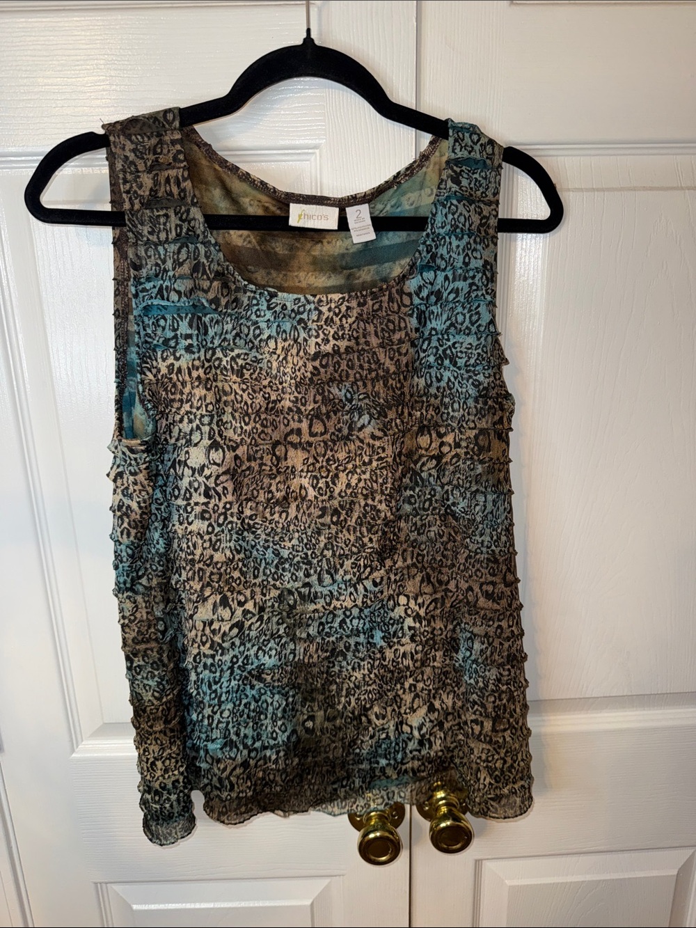 Chico's Blue and Brown Leopard-Print Ruffle Tank